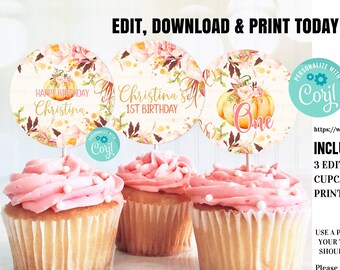 Editable Pumpkin Cupcake toppers, fall autumn Birthday Invitation, Pumpkin decorations, Party Supplies Digital  Download Printable