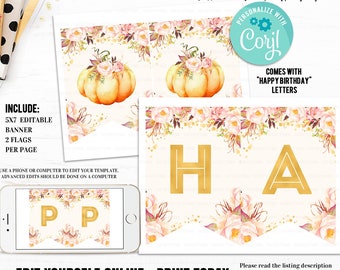 Editable Pumpkin 1st Birthday Banner, Little Pumpkin Floral Invitations, First Birthday fall autumn Invite, Girl Printable Digital download