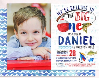 Fishing Birthday Invitation, The Big One Fishing Invite, O-Fish-Ally fishing, Photo First Birthday, 1st, Watercolor, Gone Fishing Printable