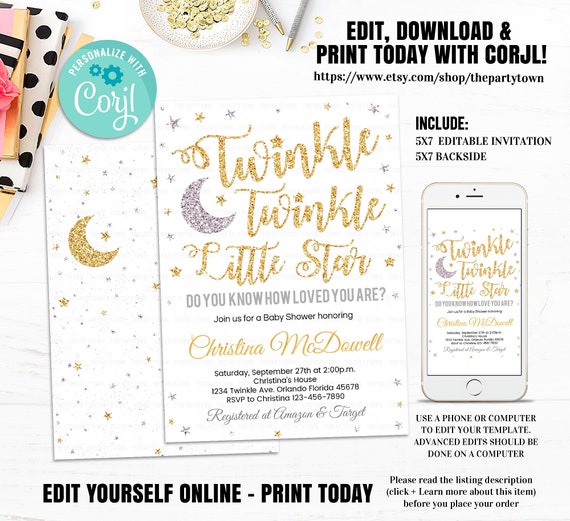 Twinkle Twinkle Little Star Baby Shower Invitation Editable invitations Gender Neutral Invites Gold Silver Glitter Template INSTANT DOWNLOAD Il_570xn