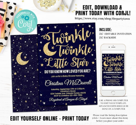 Twinkle Twinkle Little Star Baby Shower Invitation, Editable invitations, Navy and Gold Invite, Gold Glitter Boy Template INSTANT DOWNLOAD Il_570xn