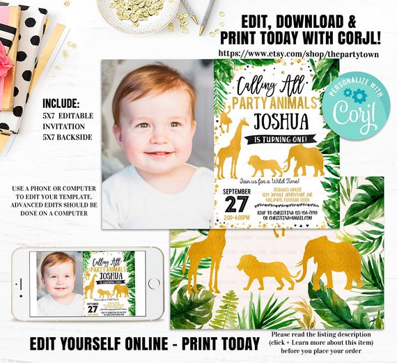 Editable Jungle Birthday Invitation, Gold WILD Animal invitations, Photo Safari Invite, Lion Giraffe Elephant Monkey, Party Animals Gold Boy Il_570xn