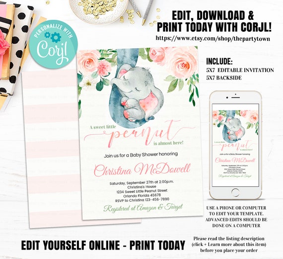 Elephant Baby Shower Invitation, EDITABLE Girl Baby Shower Invitations Floral blush Baby Shower Invites Instant Download digital Printable Il_570xn