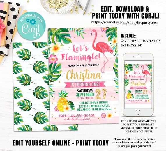 Editable Flamingo Birthday Invitation, Pineapple Invite Gold Flamingo Invitation with Palms Luau Gold Girl Template instant download Digital Il_570xn