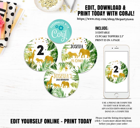 Jungle Cupcake toppers, Editable Gold WILD Animal Birthday party Safari Lion Giraffe Elephant Monkey Party Animals Gold Boy Instant download Il_570xn