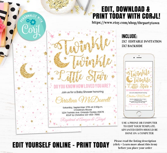 EDITABLE Twinkle Twinkle Little Star Baby Shower Invitation, Girl Baby Shower, Pink and Gold invites, Instant Download Template Digital Il_570xn