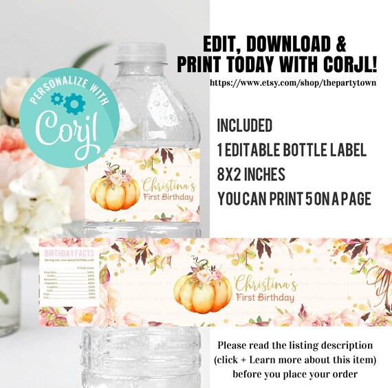 Editable Pumpkin Water Bottle Labels, Pink and gold Bottle labels Girl Fall Autumn Labels party decorations Party Supplies Printable Digital Il_570xn