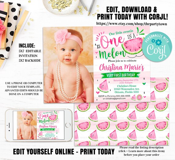 Editable Watermelon Invitation, One in a Melon Birthday invite, First Birthday Watermelon Party, Photo, 1st Birthday Summer Instant download Il_570xn