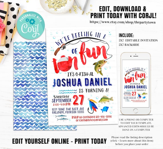 Fishing Birthday Invitation Editable, Fishing invite, Watercolor Fishing Invitation, Gone Fishing O-Fish-Ally Fishing Party Instant download Il_570xn