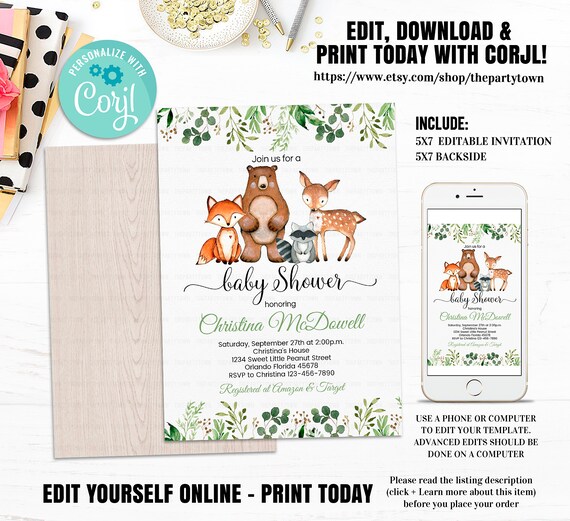 Woodland Baby Shower Invitation, EDITABLE, Gender Neutral, woodland animals invitations, Digital, Woodland Theme Invites Instant download W2 Il_570xn