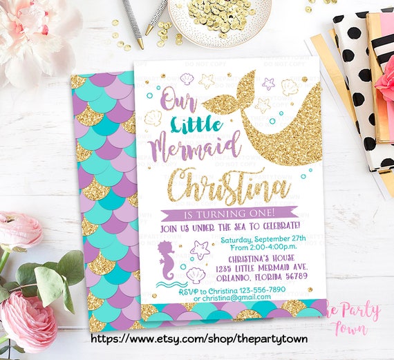 Mermaid Birthday Invitation, 1st Birthday Little Mermaid Invite, First