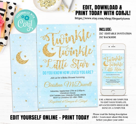 EDITABLE Twinkle Twinkle Little Star Baby Shower Invitation, Boy Baby Shower, Blue and Gold invite, Instant Download Template Digital Il_570xn