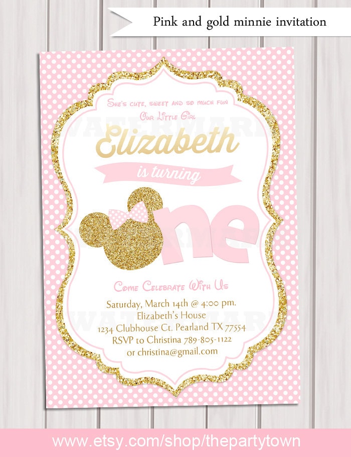 Pink and Gold Minnie Mouse First Birthday Party Invitation ...