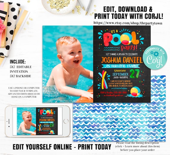 Editable Pool Party Birthday Invitation, Photo Chalkboard Splish Splash Invite, Summer Invite, Swimming Pool Printable Instant download Il_570xn