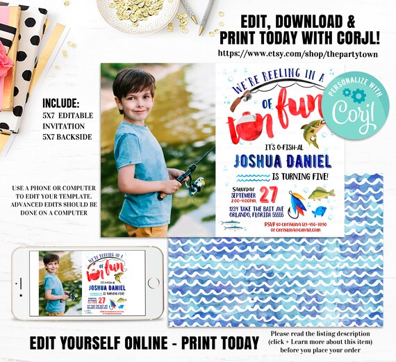 Fishing Birthday Invitation Editable Photo invite Watercolor Fishing Gone Fishing O-Fish-Ally Fishing Party Printable Instant download Il_570xn