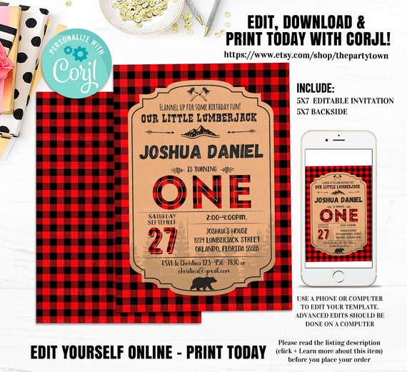 Editable LUMBERJACK INVITATION, first birthday party invite, Buffalo Plaid Woodland, Bear Rustic Forest Camping Template Instant download Il_570xn