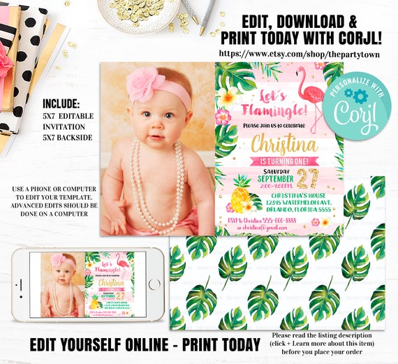 Editable Flamingo Birthday Invitation 1st Pineapple Photo Gold Flamingo Invitation with Palms Luau Invitation Gold Template Instant download Il_570xn
