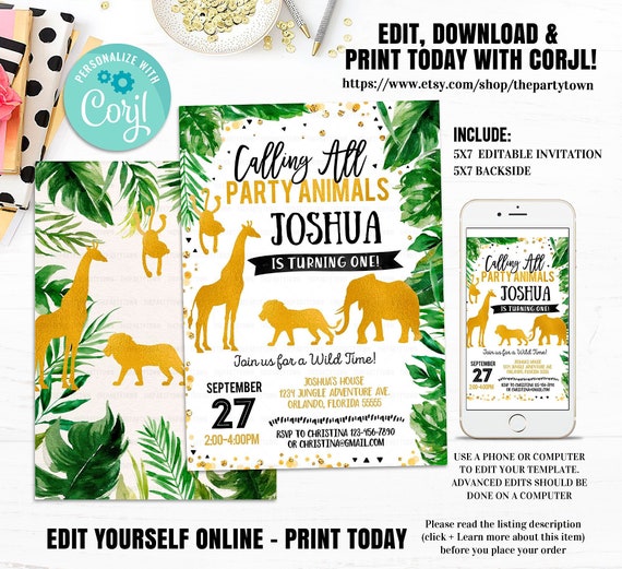 Editable Jungle Birthday Invitation, Gold WILD Animal invitations, Safari First Invite, Party Animals Lion Giraffe Elephant Monkey, Gold Boy Il_570xn