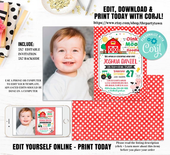 Farm Birthday Invitation, Boy, Editable, Barn Party, Digital Invite, Farm Animals, Barnyard, Boy Invitations, INSTANT DOWNLOAD printable Il_570xn