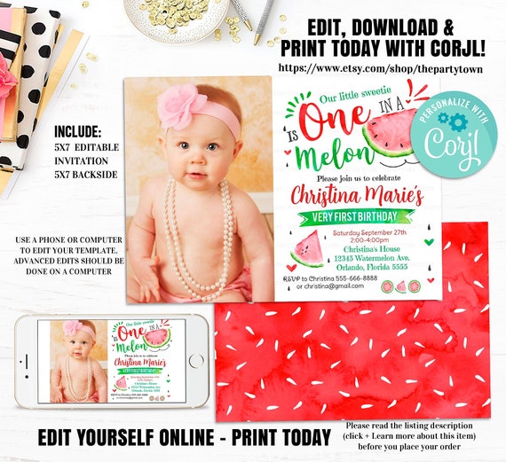 Editable Watermelon Invitation Birthday Invite Photo First Watermelon Birthday Party Red One in a Melon Party Melons Summer Instant download Il_570xn