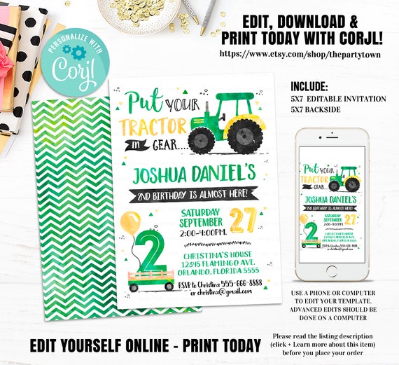 Tractor Birthday Invitation, EDITABLE Green Tractor invite, Farm Birthday Invitation, Boy invitation Printable Instant download Digital Il_570xn