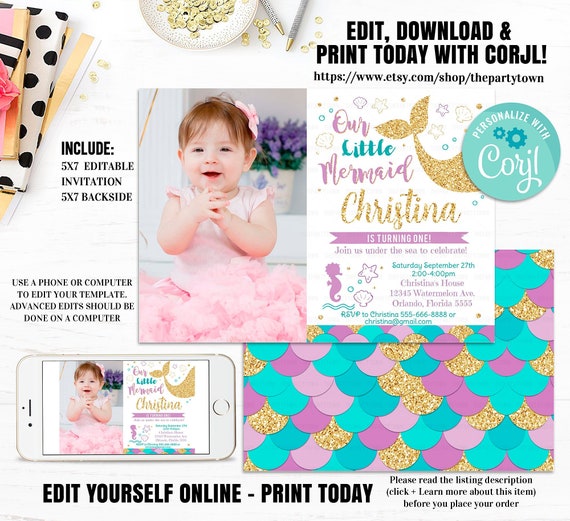 Editable Mermaid Invitation, 1st Birthday Little Mermaid Invite Photo First Teal Purple Gold Sparkle Under The Sea Glitter Instant download Il_570xn