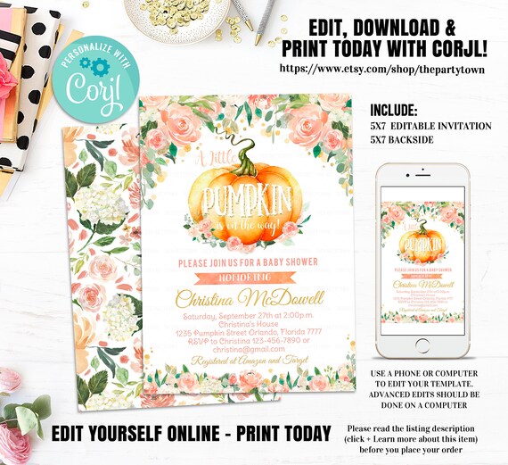 Editable Pumpkin Baby Shower Invitations, Gender Neutral Little Pumpkin Floral, fall autumn Invite, Watercolors, Pink and Gold Baby Shower Il_570xn