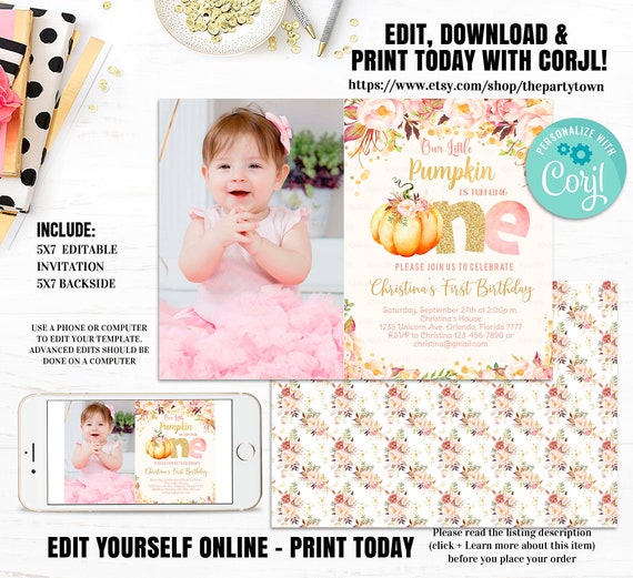 Editable Pumpkin 1st Birthday Invitation, Little Pumpkin Floral, Photo First Birthday fall autumn Invite, Girl Pink and Gold Printable Il_570xn
