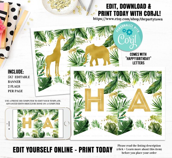 Editable Jungle Banner, Gold WILD Animal bunting banner, Safari First, Party Animals Lion Giraffe Elephant Monkey, Gold Boy Instant download Il_570xn