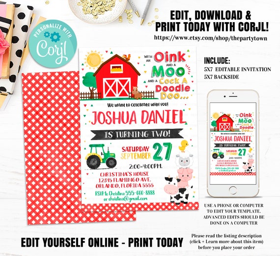 Farm Birthday Invitation EDITABLE Farm Invitation, Barnyard Invite, Old McDonald, Farm Animals Birthday, Country Barnyard Party, Printable Il_570xn
