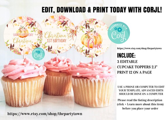 Editable Pumpkin Cupcake toppers, fall autumn Birthday Invitation, Pumpkin decorations, Party Supplies Digital Download Printable Il_570xn