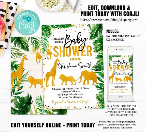 Editable Jungle Baby Shower Invitation Gold WILD Animal baby shower invitations Safari Invite Lion Giraffe Elephant Animals instant download Il_570xn