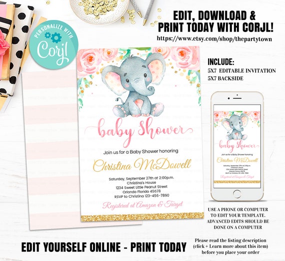 Elephant Baby Shower Invitation Girl, EDITABLE Girl Baby Shower Invitations, Floral pink and gold, Jungle Safari Invite, Instant Download Il_570xn
