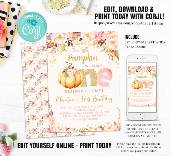 Editable Pumpkin 1st Birthday Invitation, Little Pumpkin Floral Invitations, First Birthday fall autumn Invite, Girl Pink and Gold Printable Il_570xn