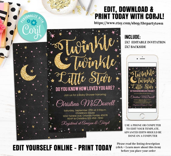 Twinkle Twinkle Little Star Baby Shower Invitation, Editable invitations, Pink and Gold Invite, Gold Glitter Girl Template INSTANT DOWNLOAD Il_570xn