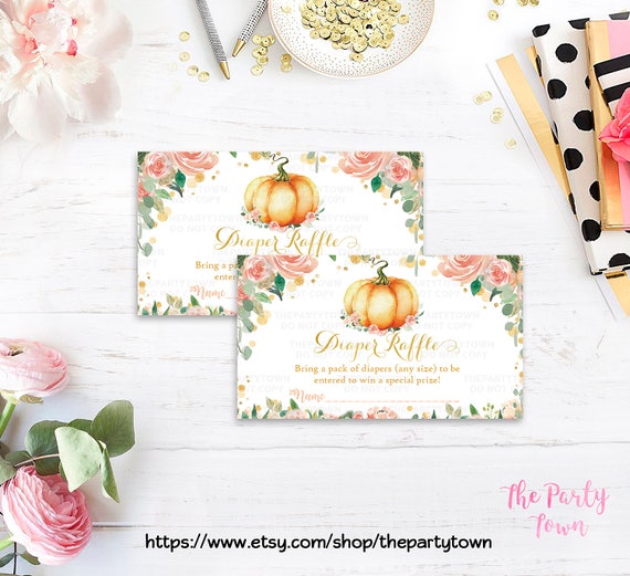 Pumpkin Diaper Raffle Ticket Cards, Girl Little Pumpkin Floral, Girls fall autumn diaper raffle insert, Gender Neutral Watercolors, Gold Il_570xn