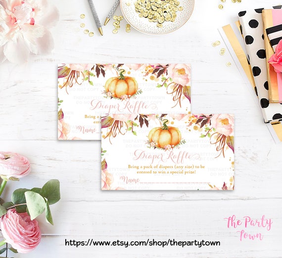 Pumpkin Diaper Raffle Ticket Cards, Girl Little Pumpkin Floral, Girls fall autumn diaper raffle insert, Watercolors, Pink and Gold Girl Il_570xn