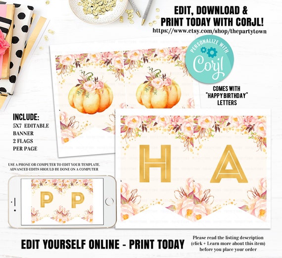 Editable Pumpkin 1st Birthday Banner, Little Pumpkin Floral Invitations, First Birthday fall autumn Invite, Girl Printable Digital download Il_570xn