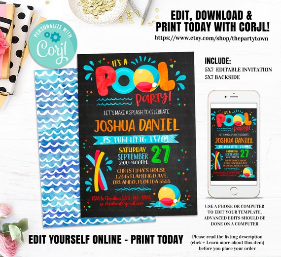 Editable Pool Party Birthday Invitation, Chalkboard Splish Splash Invite Summer Party Invite Beach Invite Printable digital instant download Il_570xn