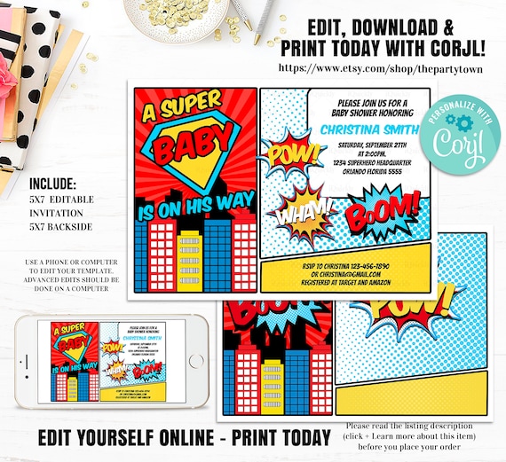 Superhero Baby Shower Invitation Editable, Super hero Boy, Superheroes comic theme Template Instant download digital Il_570xn