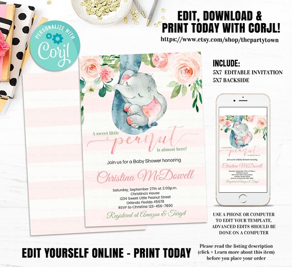 Elephant Baby Shower Invitation, EDITABLE Girl Baby Shower Invitations Floral pink and gold Baby Shower Invites Instant Download digital 3 Il_570xn