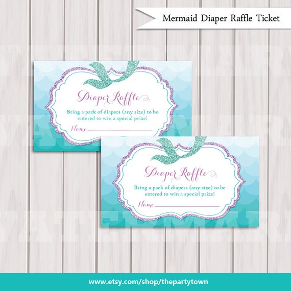 Mermaid Diaper Raffle Ticket Cards, Baby shower Purple Glitter Bring Diaper Insert Girl Baby Shower, Printable Instant download Il_570xn