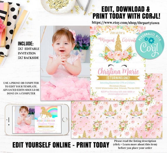 Editable Magical Unicorn Invitation, Unicorn 1st Birthday Photo Invite, Glitter Unicorn Party, Girl gold Template Digital Instant Download Il_570xn