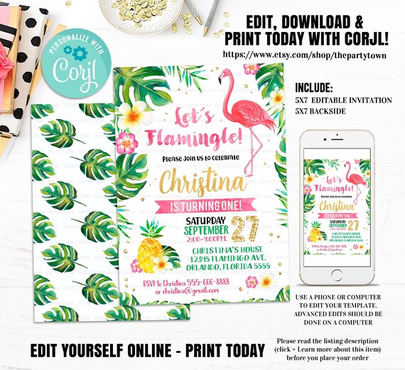 Flamingo Invitation EDITABLE Pineapple Birthday party Invitation Tropical Party Invitation Girls Summer Invitation Template Instant download Il_570xn
