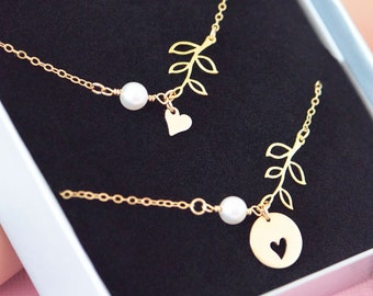 Gold Mother Daughter Necklace, Heart Leaf Necklace Set, Gold Filled, Bronze, Matching Necklaces