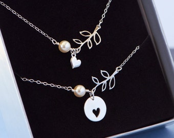 Mother Daughter Necklace, Mother's Day Gift, Mom Necklace, Heart Leaf Necklace Set, Sterling Silver, Mother of the Bride