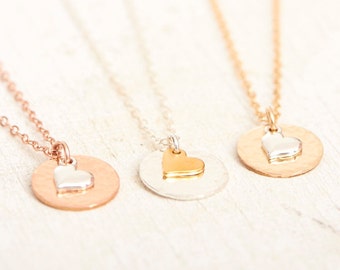 Heart Necklaces, Hammered Disc, Love Necklace, Mothers Day, Sterling Silver, Rose Gold, Gold, Mixed Metal, New Mom, Mother of Bride
