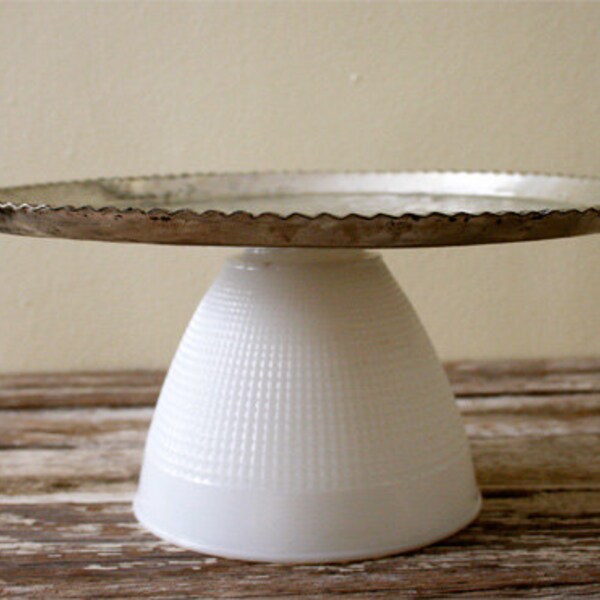 Cake Stand made with a Silver Tin Plate and a Vintage Milk Glass Base