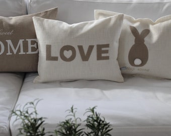 Linen pillow/cushion with message Love, Laugh, Smile...