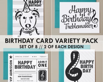 Music Birthday Cards / Variety Pack of 8 Music Note Birthday cards / Musician birthday card / Music teacher gift / Music note card